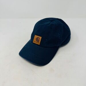 Carhartt Navy Blue Canvas Baseball Cap‎ with Brown Leather Patch One Size